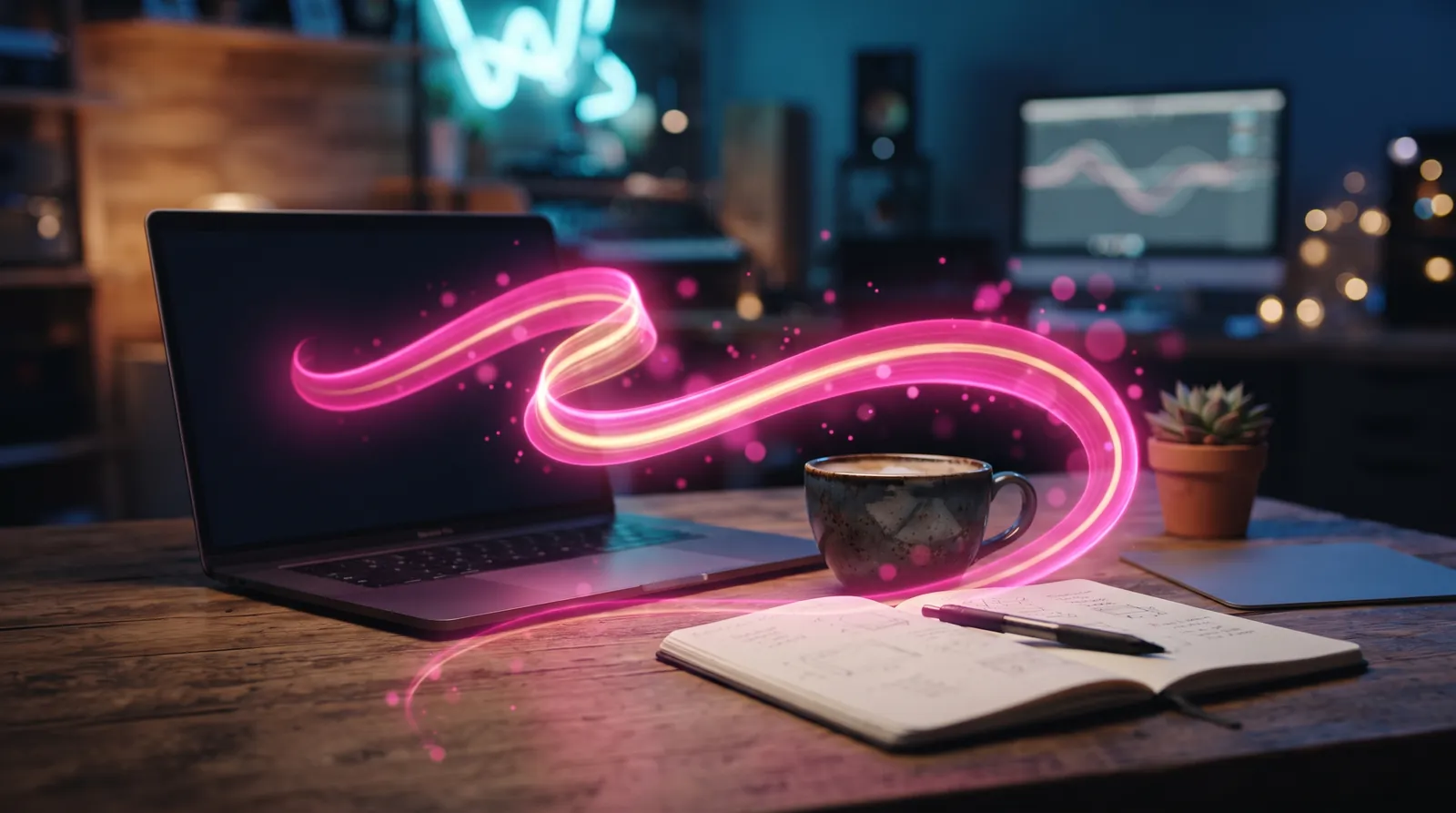 L’IA au quotidien Ruban de lumière rose sortant d'un ordinateur portable et entourant une tasse de café et un carnet