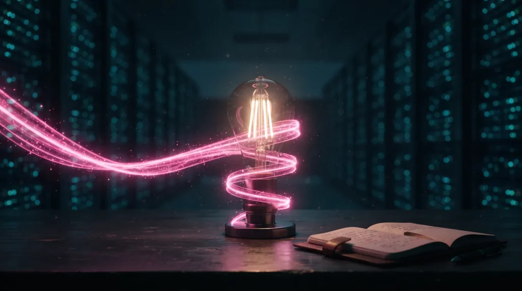 Ampoule LED allumée sur un bureau devant des baies de serveurs d'un centre de données