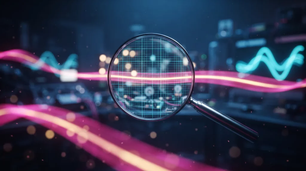 Loupe en verre qui rend nette une grille lumineuse au milieu d'une scène floue
