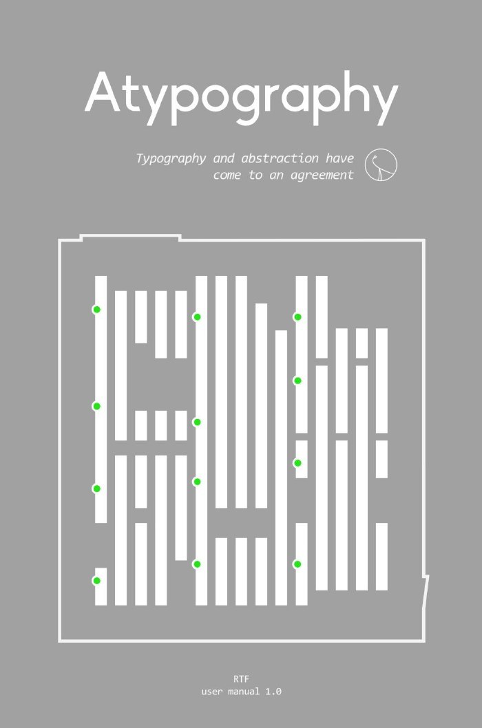 Couverture grise du manuel Atypography : le titre en blanc, la devise « Typography and abstraction have come to an agreement », et dessous un mot écrit en barres verticales blanches ponctuées de points verts