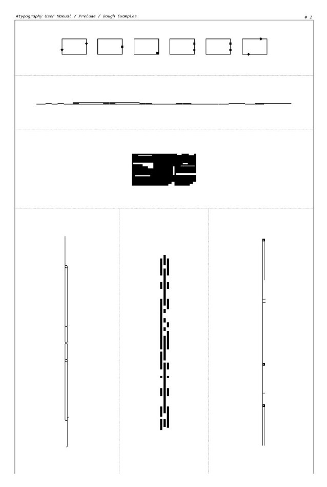 Planche du manuel : six compositions abstraites en noir sur blanc, rectangles ponctués, lignes fines, blocs noirs troués, colonnes de traits ; chacune est un mot
