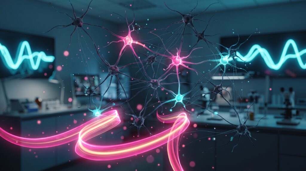 Illustration : un réseau de neurones lumineux au-dessus d'un laboratoire de recherche.