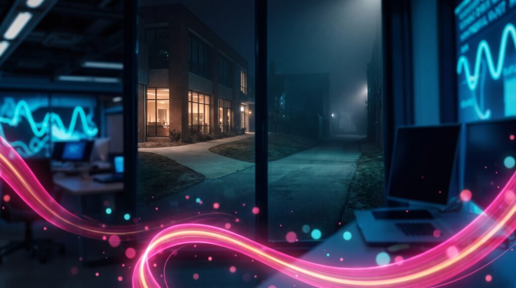 Illustration : un bâtiment de soins éclairé dans la nuit, vu depuis un bureau.