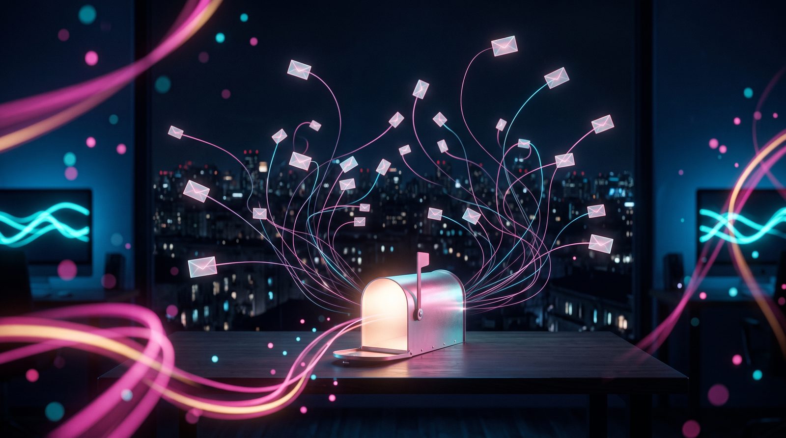 Trop de boîtes mail ; image de une Illustration : des dizaines d'enveloppes lumineuses convergent vers une seule boîte aux lettres.