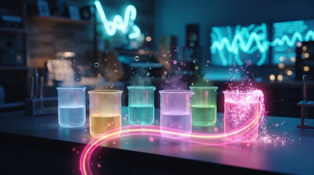 Illustration : six tasses de lumière colorée posées sur une table de laboratoire.