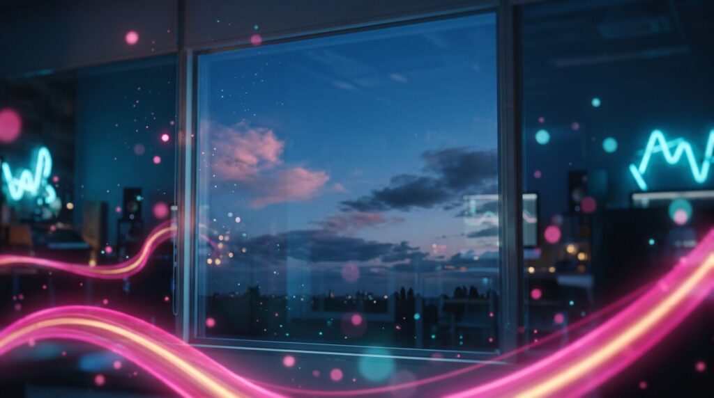 Illustration : un ciel calme au-dessus de nuages qui passent, vu depuis un atelier.