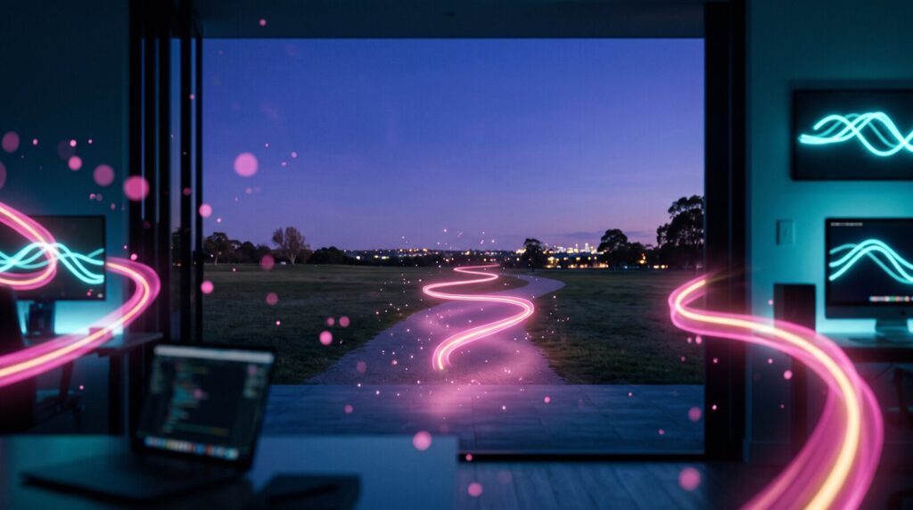 Illustration : un chemin du soir sous un grand ciel, éclairé de rubans lumineux.