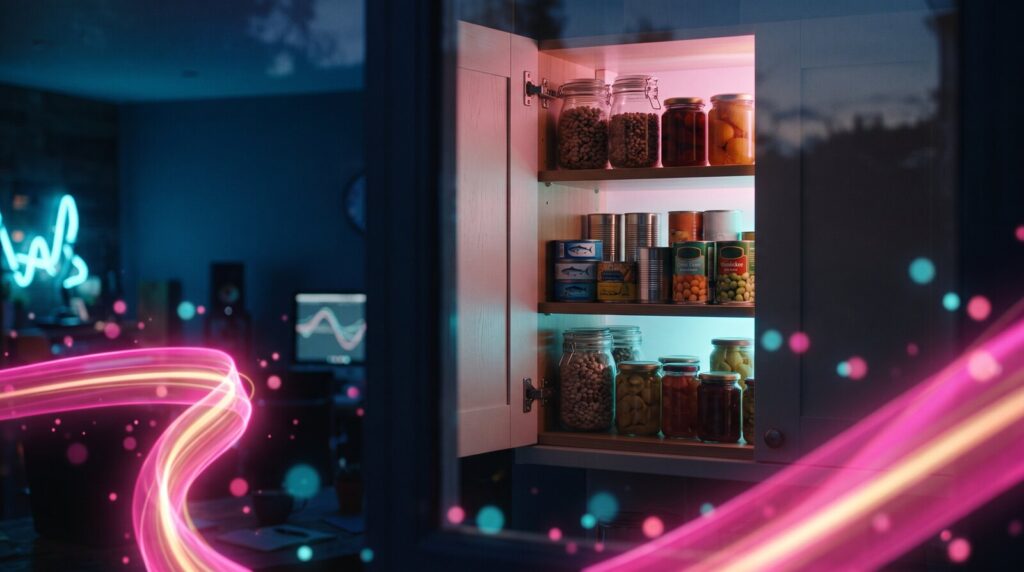 Illustration : un placard de cuisine ouvert, conserves et bocaux éclairés d'une lumière douce.