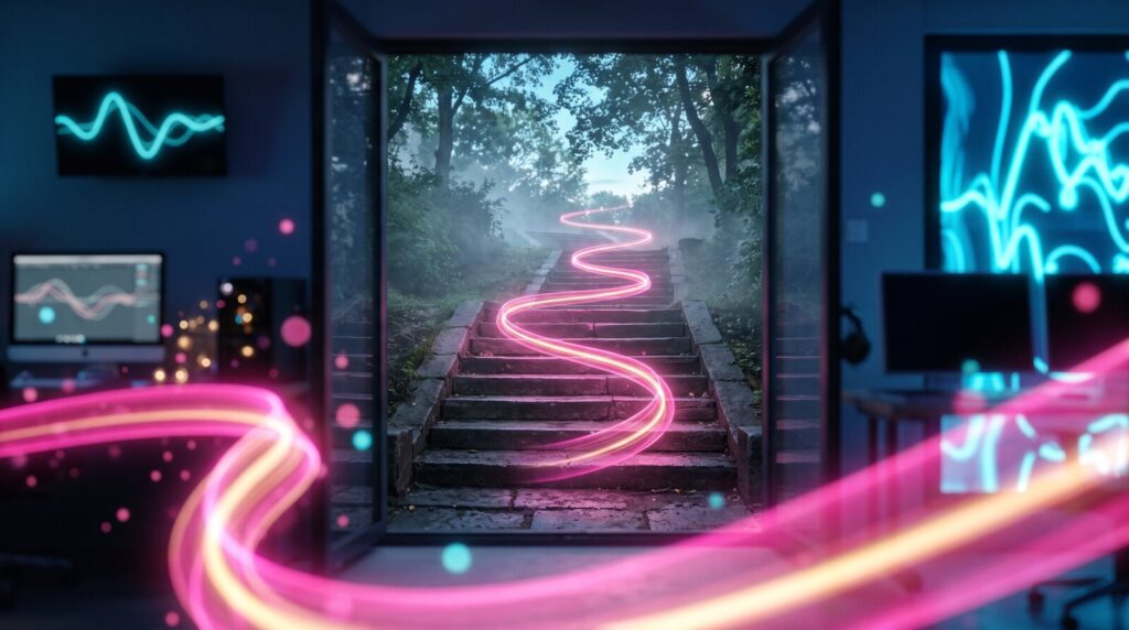 Illustration : un escalier extérieur au petit matin, traversé par un ruban de lumière.