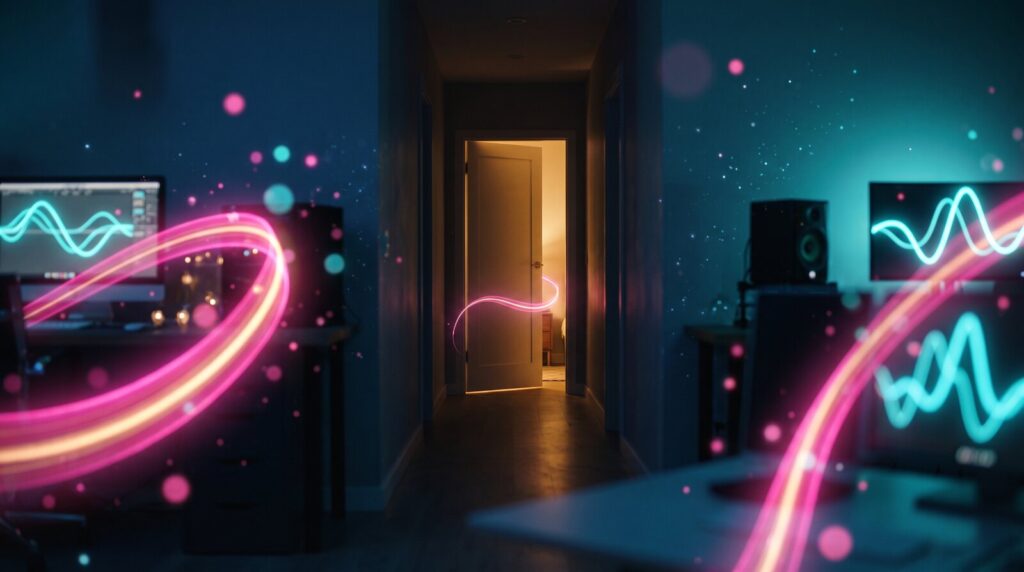 Illustration : une porte entrouverte sur une pièce éclairée, au bout d'un couloir sombre.