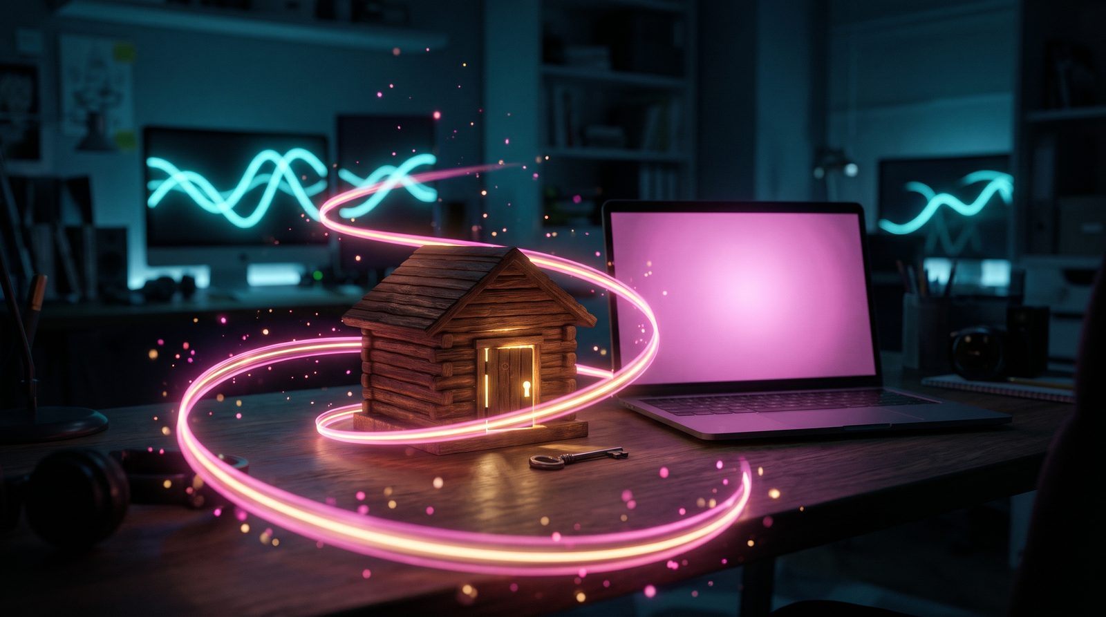 Une petite cabane en bois lumineuse, porte fermée, posée près d'un ordinateur portable la nuit, une clé devant elle, entourée de rubans de lumière rose