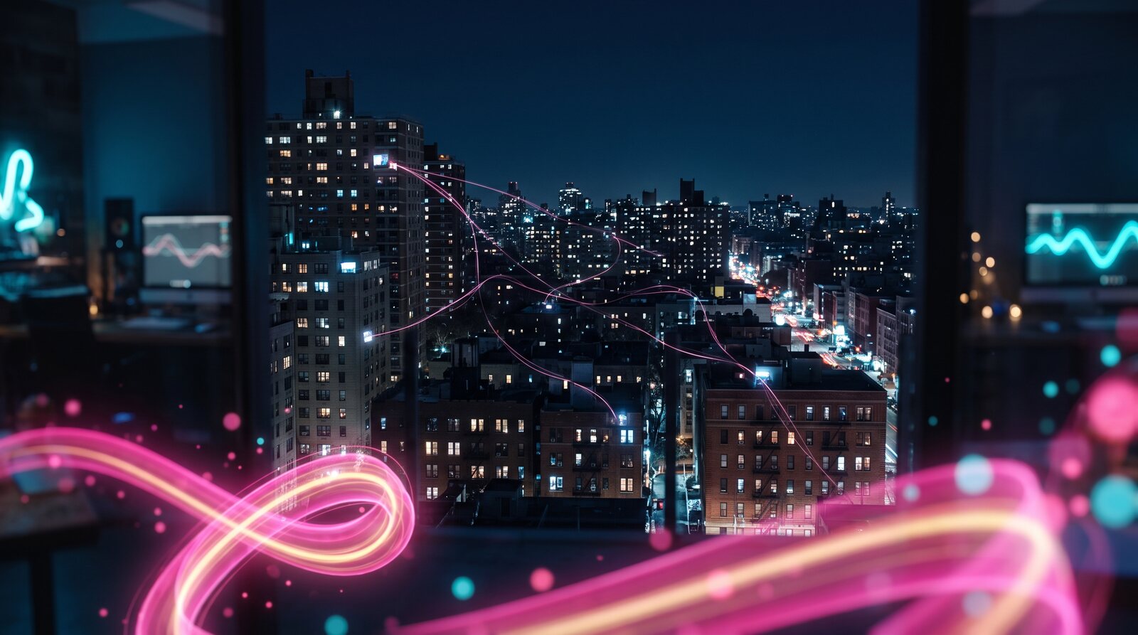 Kétamine aux États-Unis 01 Illustration : une ville américaine la nuit, fenêtres éclairées et écrans lumineux.