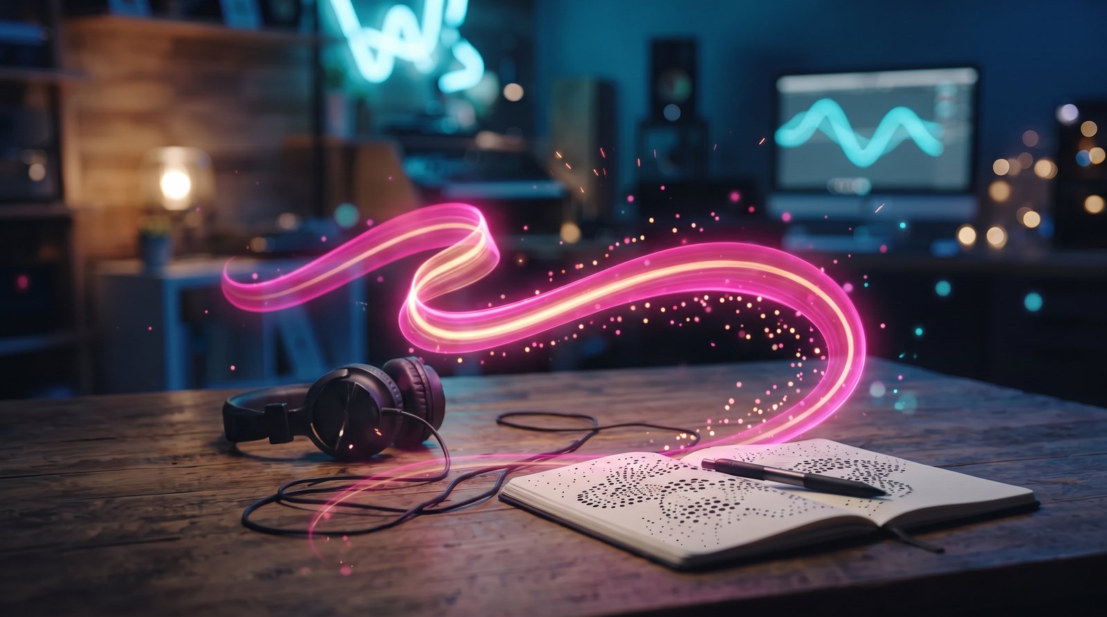 Les mains occupées, image de une Un carnet ouvert couvert de points à l'encre sur un bureau de nuit, un casque audio à côté, un ruban de lumière rose qui part du casque et se change en points lumineux sur la page