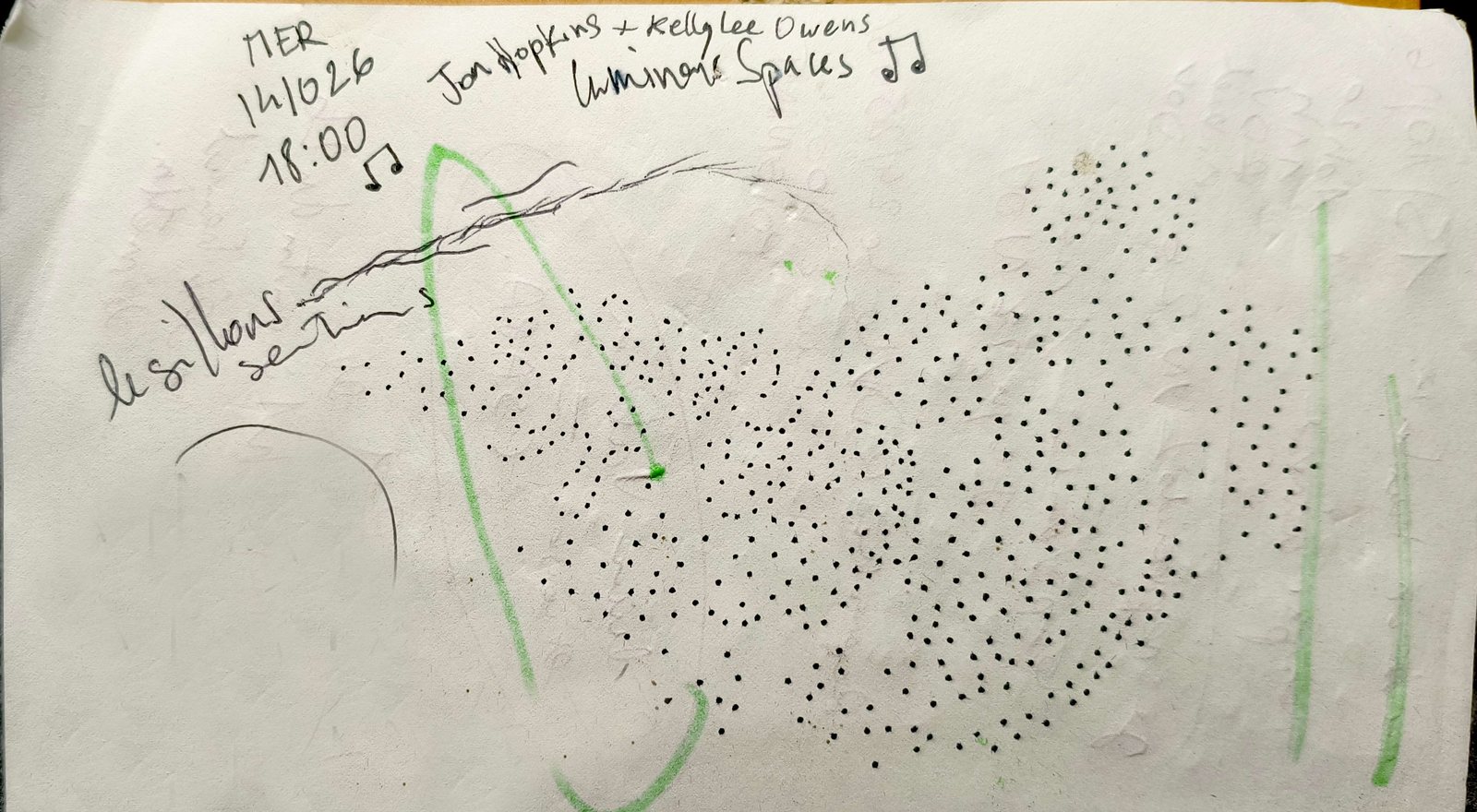 Une page de carnet couverte d'un nuage de points à l'encre, plus dense à droite, traversée de deux traits verts ; en haut, la date, l'heure et le nom du morceau