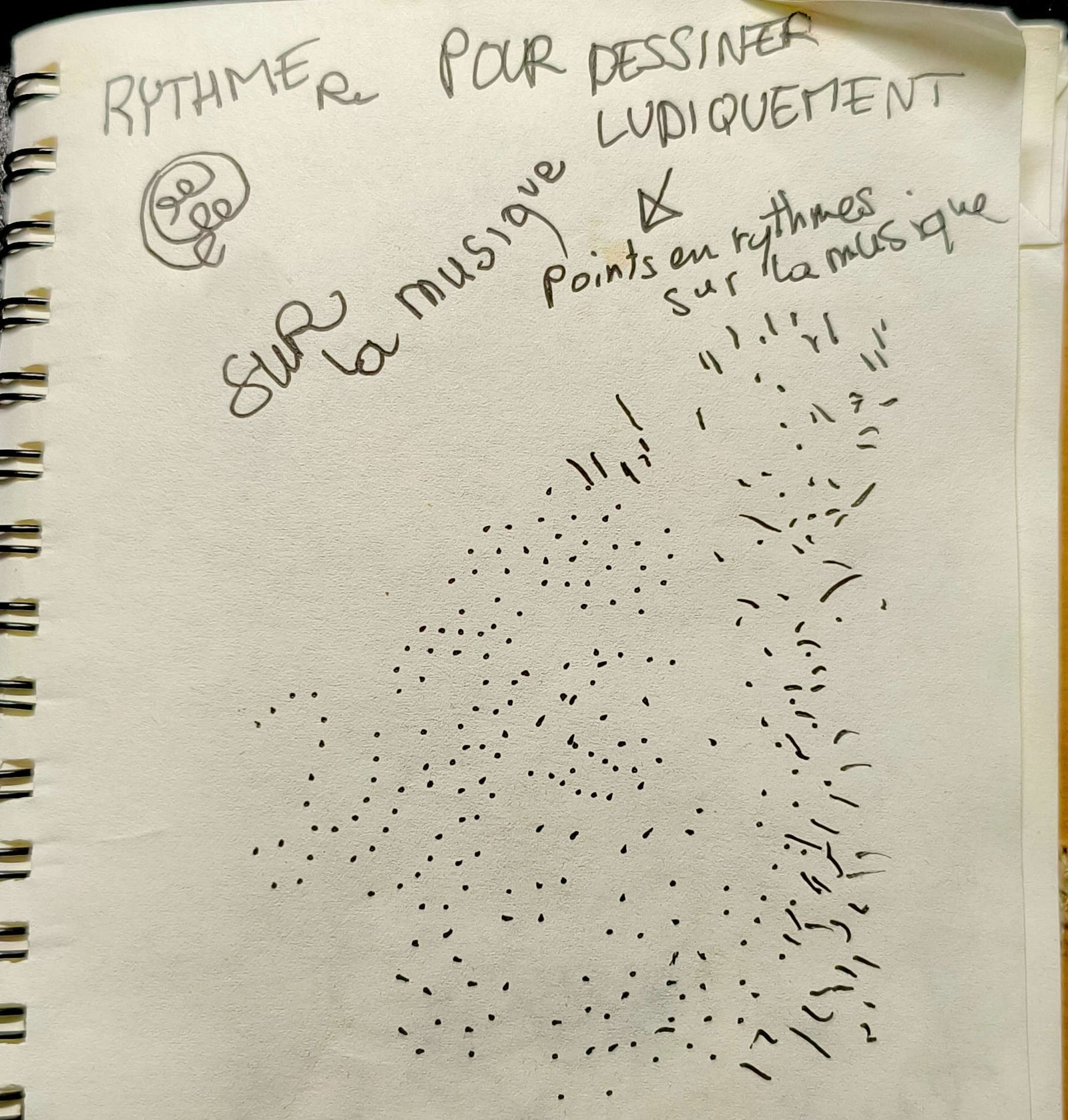 Une page de carnet où il est écrit à la main « Rythme pour dessiner ludiquement sur la musique, points en rythmes sur la musique », au-dessus d'un nuage de points et de petits traits