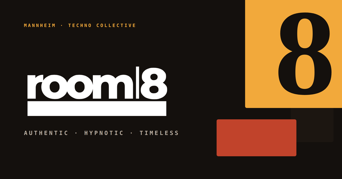 Visuel room8 : logo blanc sur fond sombre, un 8 noir sur un carré orange, devise Authentic, Hypnotic, Timeless