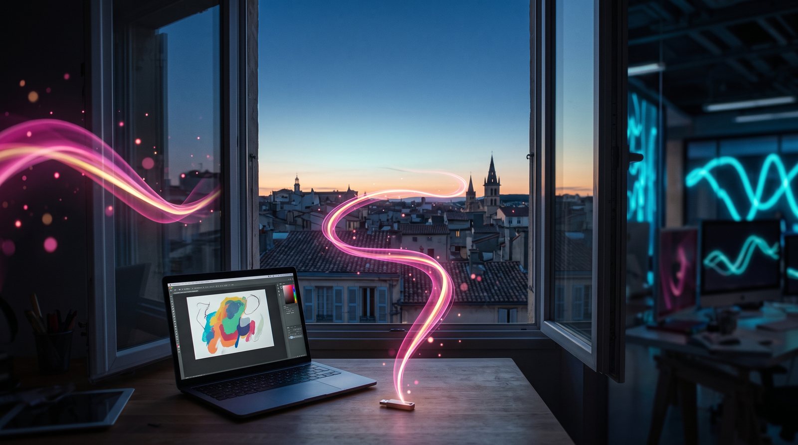 Un bureau de graphiste la nuit devant une fenêtre ouverte sur les toits d'une ville méditerranéenne à l'aube ; un ruban de lumière rose s'élève d'une clé USB posée devant l'ordinateur et s'en va vers la ville