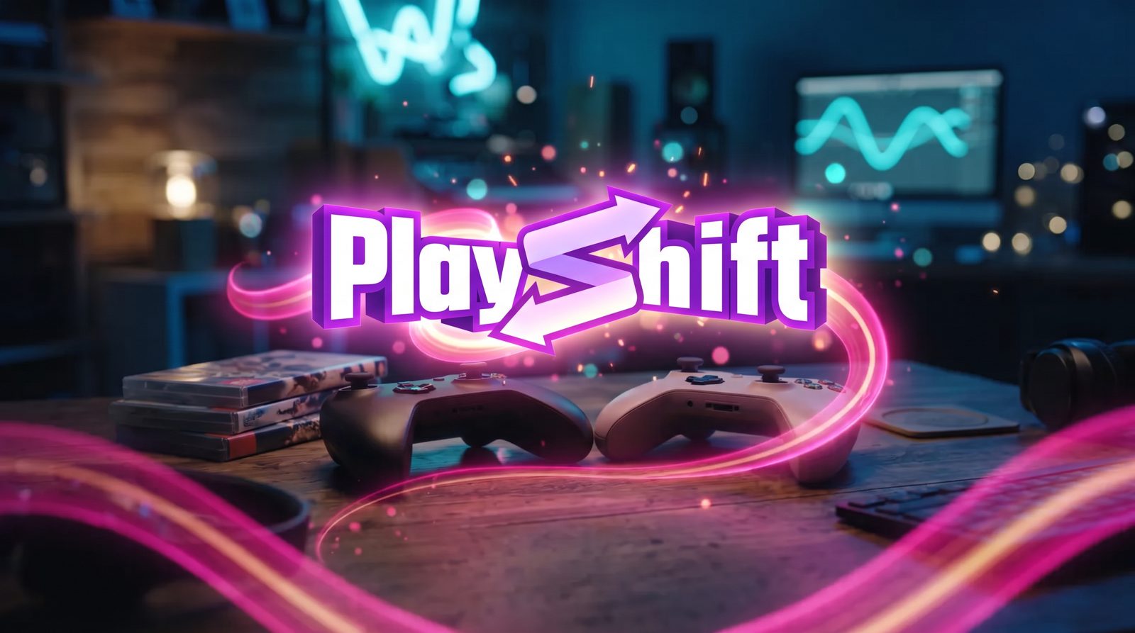 Deux manettes de jeu et une pile de jeux vidéo reliées par un ruban de lumière rose, avec le logo PlayShift
