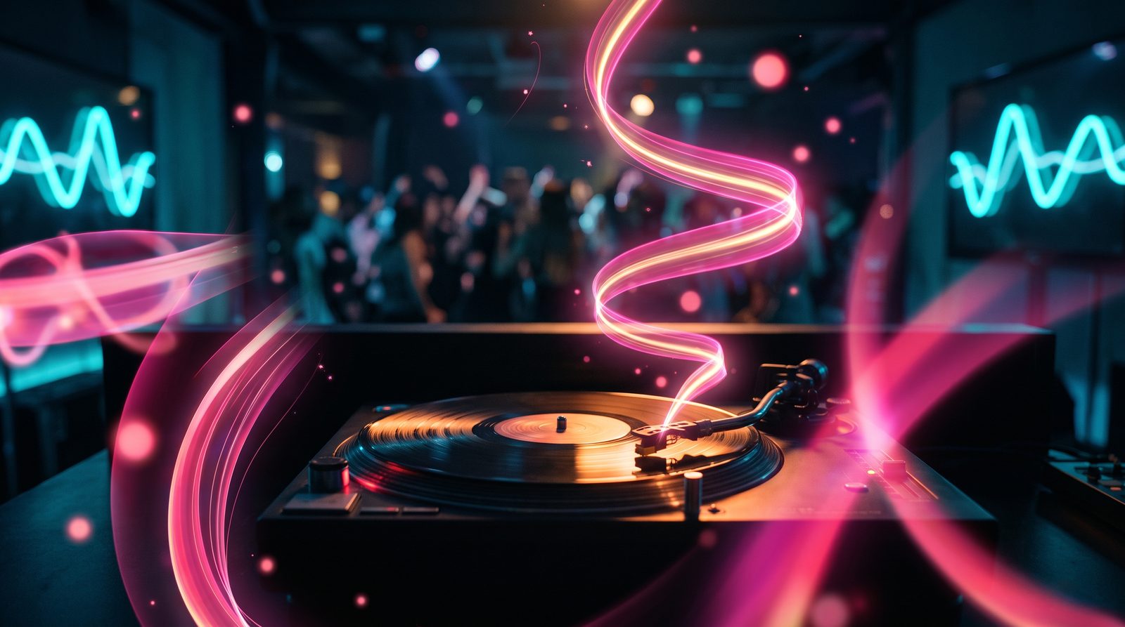 room8 : image de une Un vinyle qui tourne sur une platine, un ruban de lumière s'élève de l'aiguille