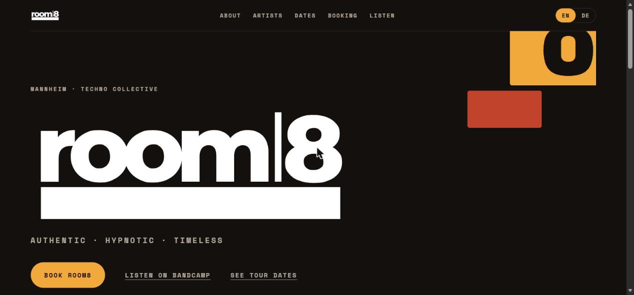 Page d'accueil de room8.art : grand logo room8 blanc sur fond sombre, formes orange et rouge brique, boutons Book room8 et See tour dates