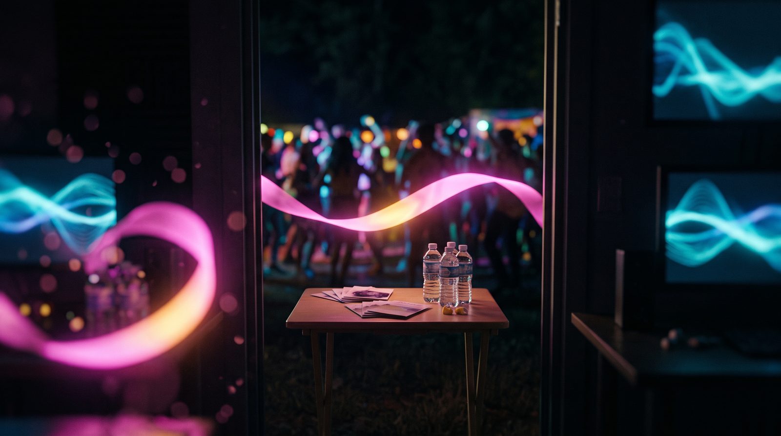 Techno+ : image de une Une table de stand avec de l'eau et des flyers, au bord d'une fête de nuit, un ruban de lumière au-dessus